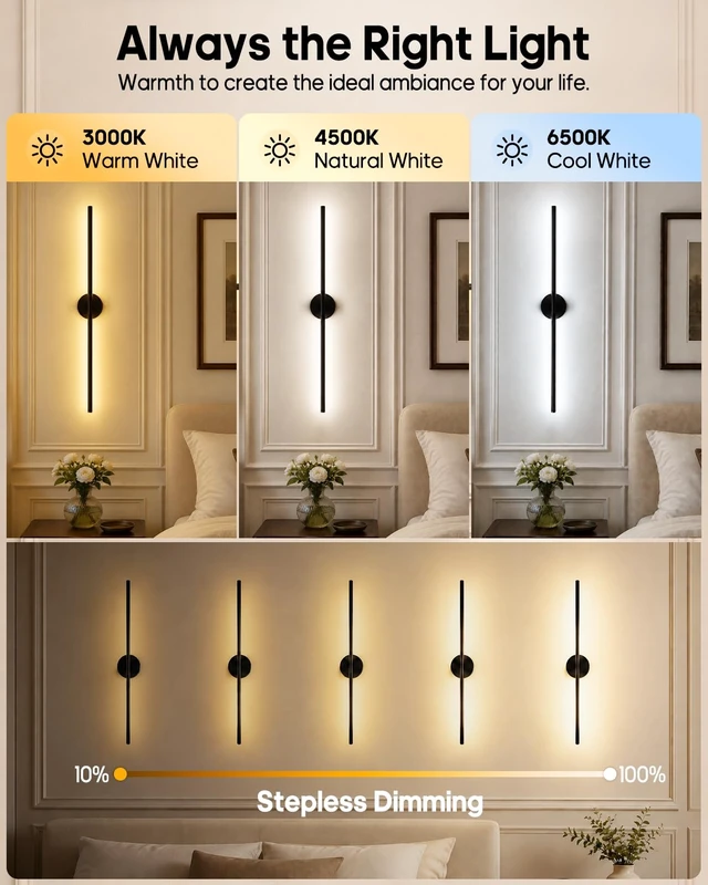 Alt view image 4 of 7 - Battery Operated Wall Sconces Set of 2, Rechargeable Wireless Wall Lights | 31" Peel and Stick Lights, 3CCT& Dimmable, Remote Control, 24H Cycle Timmer, 6600mah Battery Light for Living Room, Bedroom