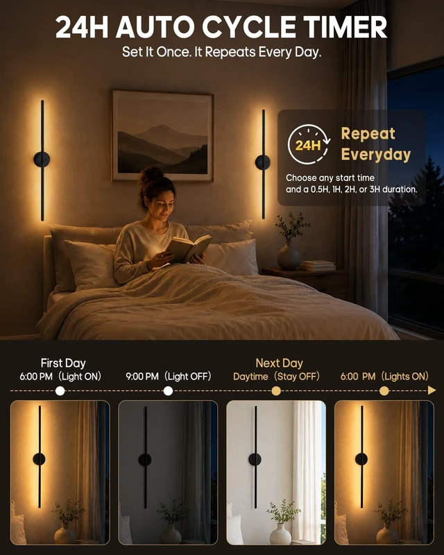 Alt view image 2 of 7 - Battery Operated Wall Sconces Set of 2, Rechargeable Wireless Wall Lights | 31" Peel and Stick Lights, 3CCT& Dimmable, Remote Control, 24H Cycle Timmer, 6600mah Battery Light for Living Room, Bedroom