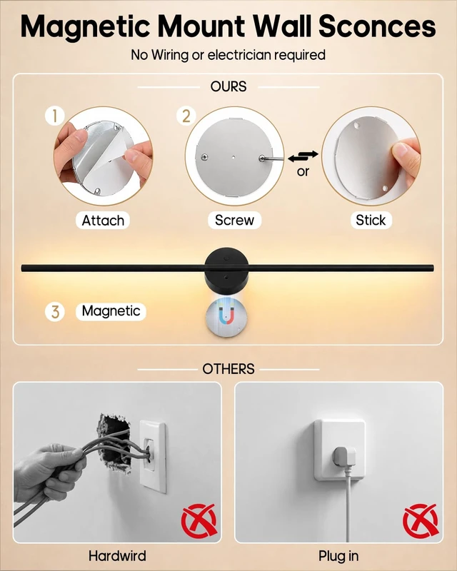 Alt view image 5 of 7 - Battery Operated Wall Sconces Set of 2, Rechargeable Wireless Wall Lights | 31" Peel and Stick Lights, 3CCT& Dimmable, Remote Control, 24H Cycle Timmer, 6600mah Battery Light for Living Room, Bedroom
