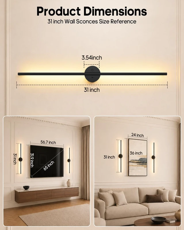 Alt view image 6 of 7 - Battery Operated Wall Sconces Set of 2, Rechargeable Wireless Wall Lights | 31" Peel and Stick Lights, 3CCT& Dimmable, Remote Control, 24H Cycle Timmer, 6600mah Battery Light for Living Room, Bedroom