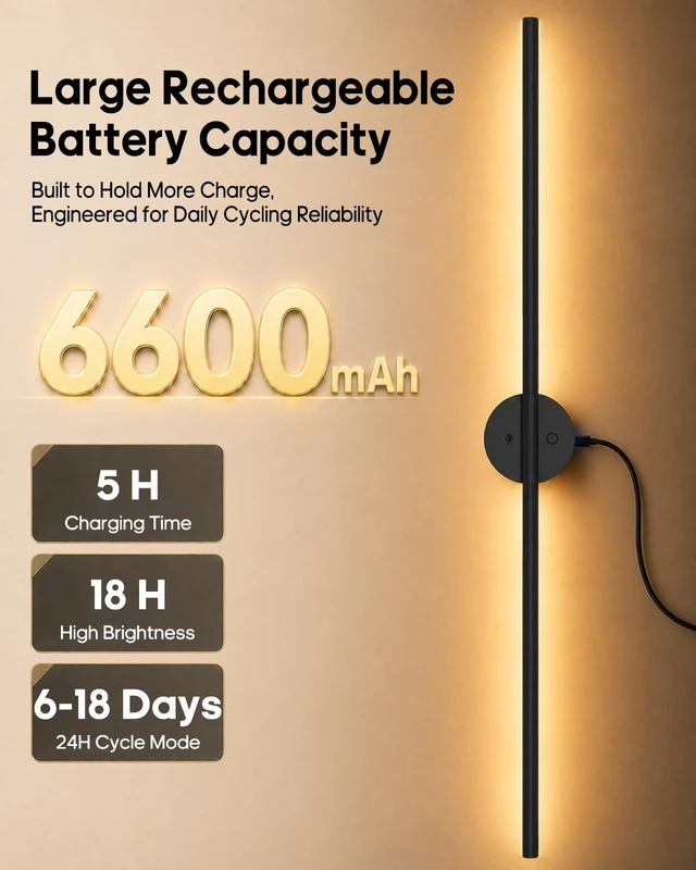 Alt view image 3 of 7 - Battery Operated Wall Sconces Set of 2, Rechargeable Wireless Wall Lights | 31" Peel and Stick Lights, 3CCT& Dimmable, Remote Control, 24H Cycle Timmer, 6600mah Battery Light for Living Room, Bedroom