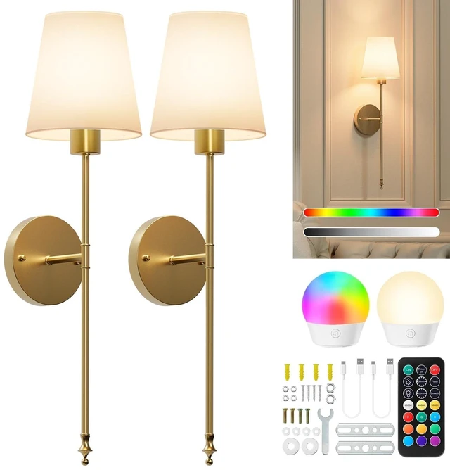 Main image of Brightown Battery Operated Wall Sconces Set of Two,Gold Sconces Wall Decor | RGBWW Rechargeable Wall Lights with Dimmable Magnetic Bulbs & Remote, Wireless Wall Lamp for Living Room Bedroom Hallway
