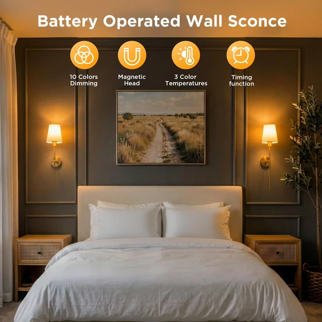 Alt view image 5 of 7 - Brightown Battery Operated Wall Sconces Set of Two,Gold Sconces Wall Decor | RGBWW Rechargeable Wall Lights with Dimmable Magnetic Bulbs & Remote, Wireless Wall Lamp for Living Room Bedroom Hallway