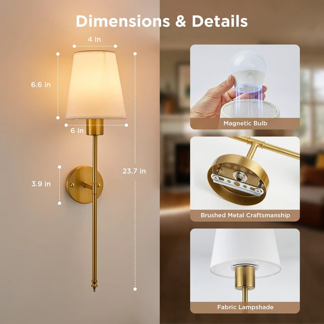 Alt view image 7 of 7 - Brightown Battery Operated Wall Sconces Set of Two,Gold Sconces Wall Decor | RGBWW Rechargeable Wall Lights with Dimmable Magnetic Bulbs & Remote, Wireless Wall Lamp for Living Room Bedroom Hallway