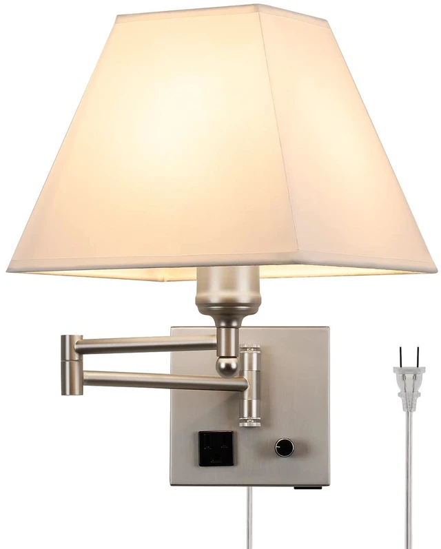 Main image of Plug in Wall Light,Swing Arm Wall Sconces with USB Port and Outlet,Wall Lamp with White Fabric Shade Dimmable Switch for Bedroom, Living Room , Office Nickel