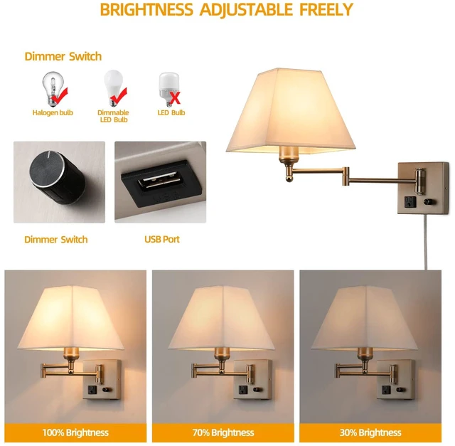 Alt view image 2 of 7 - Plug in Wall Light,Swing Arm Wall Sconces with USB Port and Outlet,Wall Lamp with White Fabric Shade Dimmable Switch for Bedroom, Living Room , Office Nickel