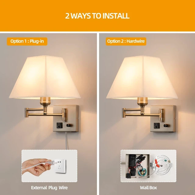 Alt view image 3 of 7 - Plug in Wall Light,Swing Arm Wall Sconces with USB Port and Outlet,Wall Lamp with White Fabric Shade Dimmable Switch for Bedroom, Living Room , Office Nickel