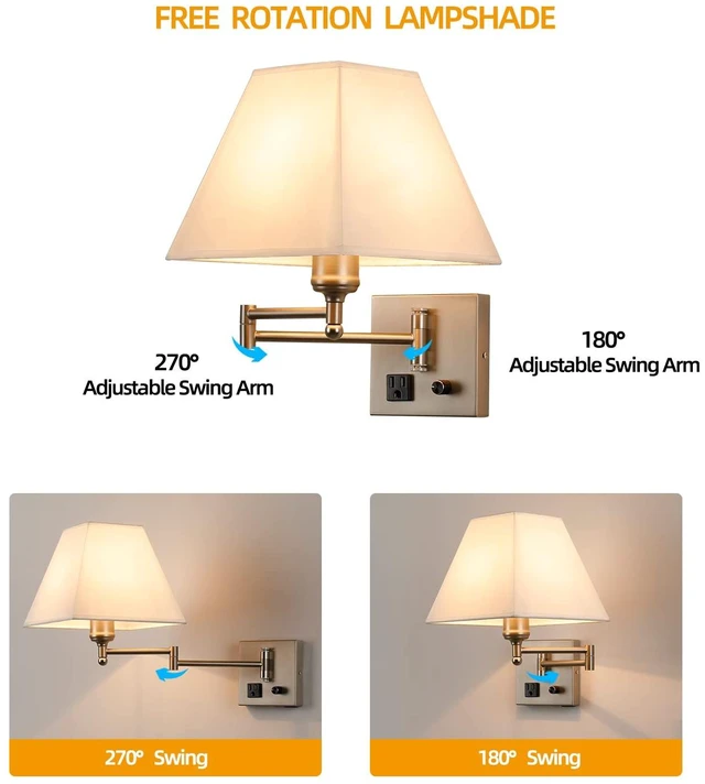 Alt view image 4 of 7 - Plug in Wall Light,Swing Arm Wall Sconces with USB Port and Outlet,Wall Lamp with White Fabric Shade Dimmable Switch for Bedroom, Living Room , Office Nickel