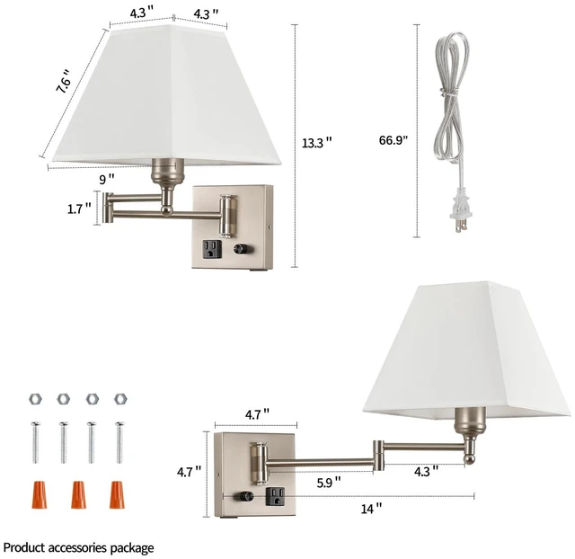 Alt view image 5 of 7 - Plug in Wall Light,Swing Arm Wall Sconces with USB Port and Outlet,Wall Lamp with White Fabric Shade Dimmable Switch for Bedroom, Living Room , Office Nickel