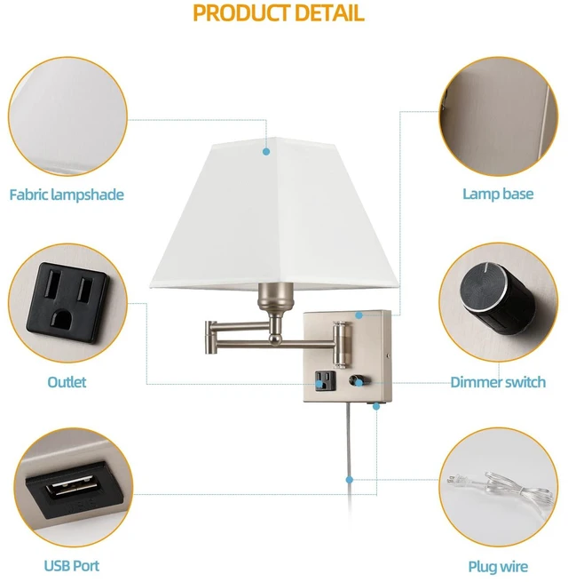 Alt view image 6 of 7 - Plug in Wall Light,Swing Arm Wall Sconces with USB Port and Outlet,Wall Lamp with White Fabric Shade Dimmable Switch for Bedroom, Living Room , Office Nickel