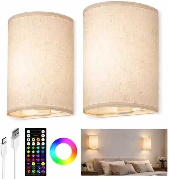 Main image of EZVALO Battery Operated Wall Sconce Set of Two with Remote, Wall Lights | Rechargeable, Peel and Stick, Wireless, 3 Color & 80 RGB, Dimmable, Timer, Fabric Linen Wall Mount Lamp for Bedroom