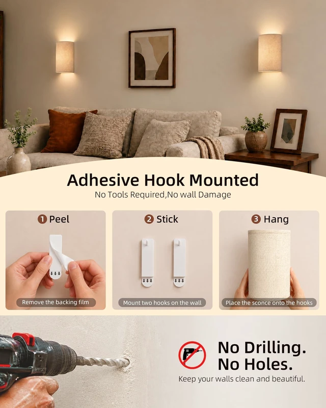 Alt view image 2 of 7 - EZVALO Battery Operated Wall Sconce Set of Two with Remote, Wall Lights | Rechargeable, Peel and Stick, Wireless, 3 Color & 80 RGB, Dimmable, Timer, Fabric Linen Wall Mount Lamp for Bedroom