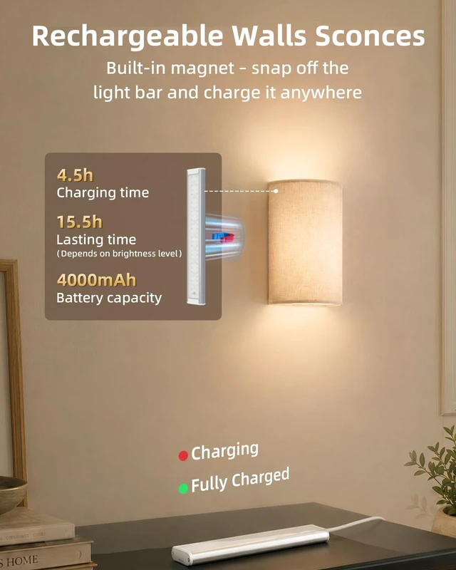 Alt view image 3 of 7 - EZVALO Battery Operated Wall Sconce Set of Two with Remote, Wall Lights | Rechargeable, Peel and Stick, Wireless, 3 Color & 80 RGB, Dimmable, Timer, Fabric Linen Wall Mount Lamp for Bedroom
