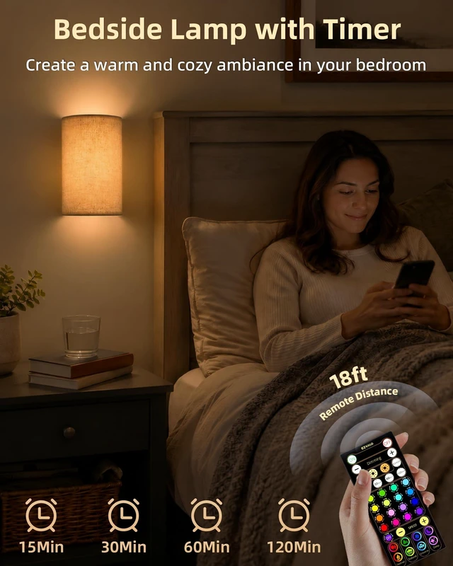 Alt view image 4 of 7 - EZVALO Battery Operated Wall Sconce Set of Two with Remote, Wall Lights | Rechargeable, Peel and Stick, Wireless, 3 Color & 80 RGB, Dimmable, Timer, Fabric Linen Wall Mount Lamp for Bedroom