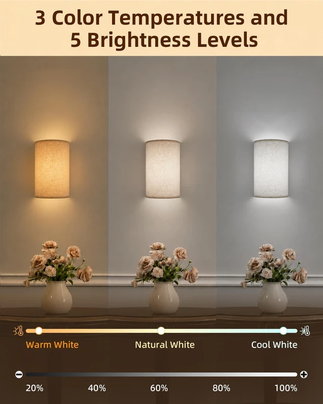 Alt view image 6 of 7 - EZVALO Battery Operated Wall Sconce Set of Two with Remote, Wall Lights | Rechargeable, Peel and Stick, Wireless, 3 Color & 80 RGB, Dimmable, Timer, Fabric Linen Wall Mount Lamp for Bedroom