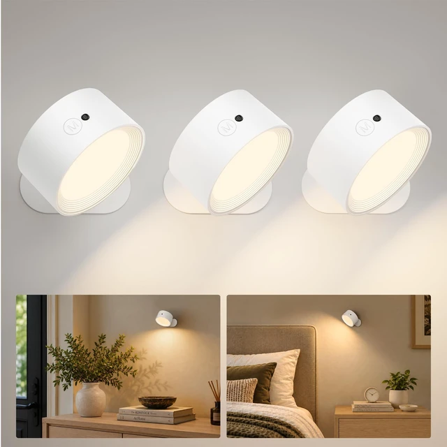 Main image of Rechargeable Wall Sconces with Remote, Magnetic Wall Lights, White | 3 Color Temperatures, Remote & Touch, Dimming, 360° Rotation for Living Room, Bedroom & Reading, 3 Pack