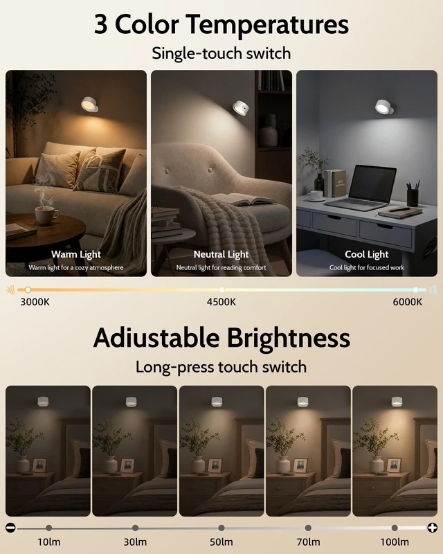 Alt view image 6 of 7 - Rechargeable Wall Sconces with Remote, Magnetic Wall Lights, White | 3 Color Temperatures, Remote & Touch, Dimming, 360° Rotation for Living Room, Bedroom & Reading, 3 Pack