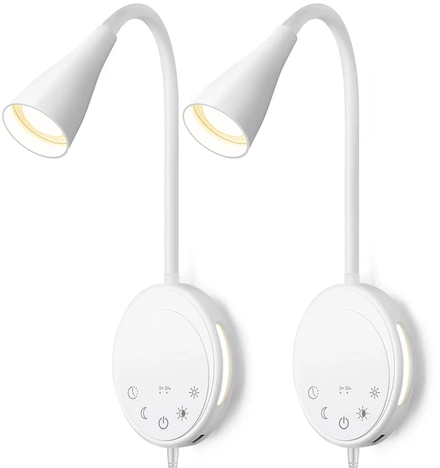 Main image of SANKEDOU LED Wall Mount Reading Light, Bedside Reading Lights, 5 Dimmable | Touch Control, USB Output, Night Light & Timers, Flexible Gooseneck Headboard Bed Lights wall Sconce (White-2P)