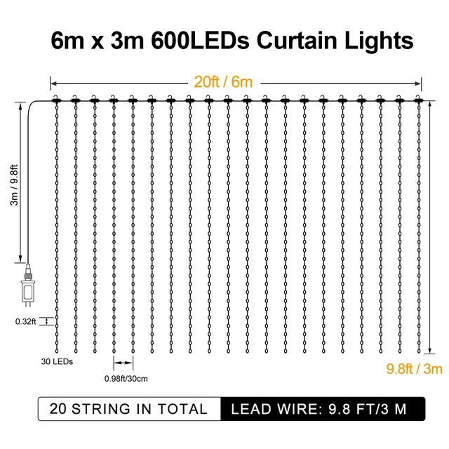 Alt view image 7 of 7 - 600 LED Curtain Lights 20Ftx10Ft Dual Color Changing Lights with Remote | Timer Curtain Lights Connectable Plug in Christmas Lights for Bedroom Backdrop Wedding Party Decor, Warm White & Multicolor