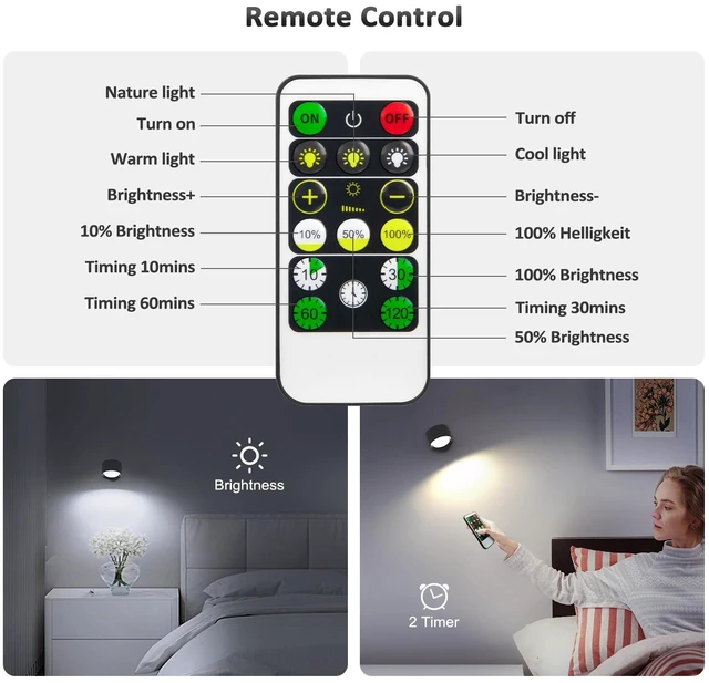 Alt view image 3 of 7 - Racokky LED Wall Mounted Lights with Remote, Rechargeable Wall Sconces | 2 Pack, 3000mAh Cordless Wall Lamp, 3 Color Temps Dimmable Touch, Magnetic 360° Rotation, Timer, for Bedroom Bedside Reading