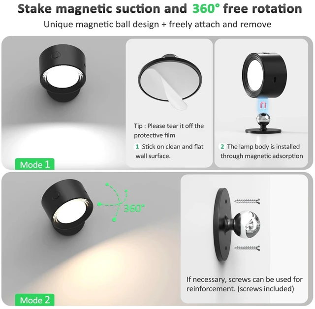 Alt view image 5 of 7 - Racokky LED Wall Mounted Lights with Remote, Rechargeable Wall Sconces | 2 Pack, 3000mAh Cordless Wall Lamp, 3 Color Temps Dimmable Touch, Magnetic 360° Rotation, Timer, for Bedroom Bedside Reading
