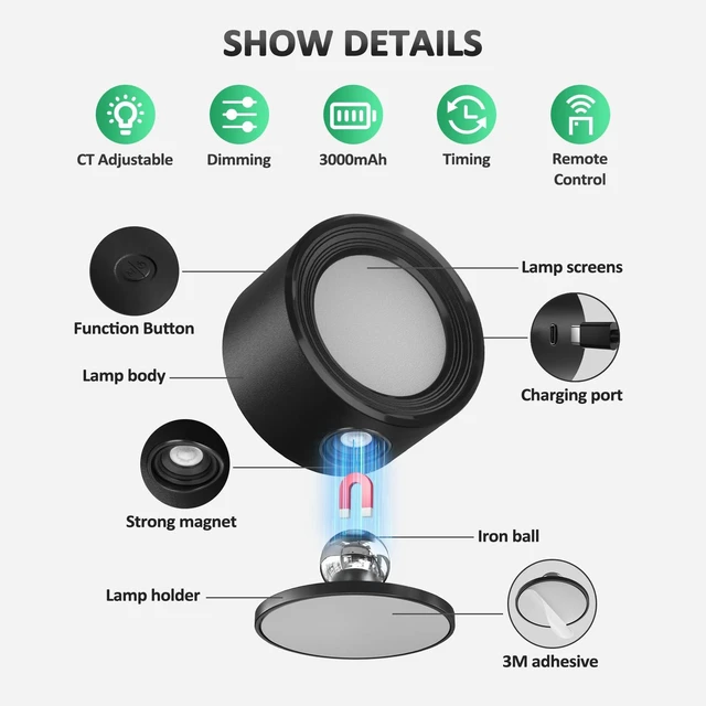 Alt view image 7 of 7 - Racokky LED Wall Mounted Lights with Remote, Rechargeable Wall Sconces | 2 Pack, 3000mAh Cordless Wall Lamp, 3 Color Temps Dimmable Touch, Magnetic 360° Rotation, Timer, for Bedroom Bedside Reading