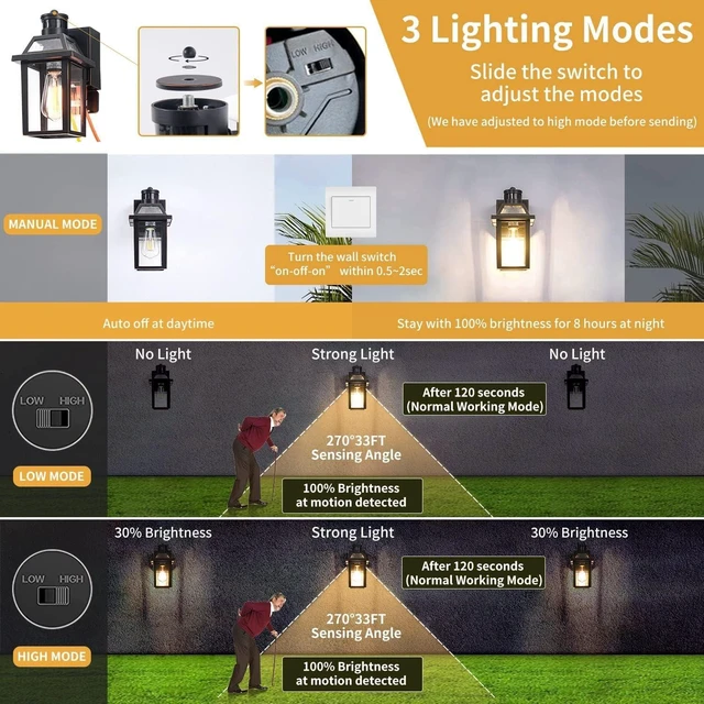 Alt view image 3 of 7 - Yisuro Porch Lights with GFCI Outlet, Dusk to Dawn Outdoor Lights with Outlet, 3 Lighting Modes Exterior Light Fixture Waterproof, Outside Lights for House Front Door Patio Garage