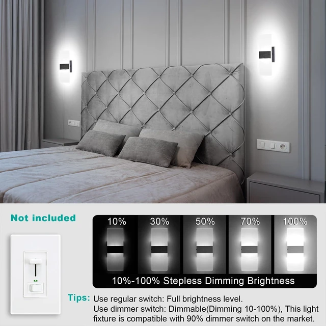 Alt view image 4 of 7 - TRLIFE Dimmable LED Wall Sconces, 4 Color Temperature Modern Wall Sconce 12W Dimmable Wall Lights Set of 2 Wall Mounted Light for Bedroom Bedside Hallway Living Room Stairway(2 Pack, Black)