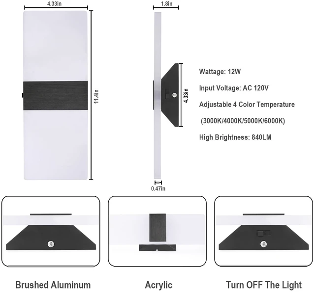 Alt view image 5 of 7 - TRLIFE Dimmable LED Wall Sconces, 4 Color Temperature Modern Wall Sconce 12W Dimmable Wall Lights Set of 2 Wall Mounted Light for Bedroom Bedside Hallway Living Room Stairway(2 Pack, Black)