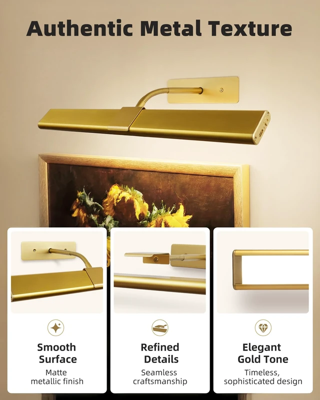 Alt view image 6 of 7 - EZVALO Picture Light for Wall, 13'' Rechargeable Magnetic with Remote | 4800mAh gold battery wireless lights with 3 colors, dimming and timer for paintings, posters, frames, photo, wall art decor