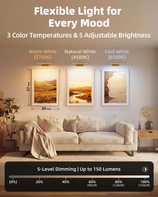 Alt view image 7 of 7 - EZVALO Picture Light for Wall, 13'' Rechargeable Magnetic with Remote | 4800mAh gold battery wireless lights with 3 colors, dimming and timer for paintings, posters, frames, photo, wall art decor