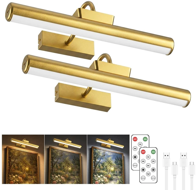 Main image of 13" Wireless Picture Lights for Wall, Rechargeable Art Light, 2Pack Gold | Aluminum Photo Frame Light, Remote & Touch Control, 5000mAh Battery, 3 Color Temp, Dimmable, Magnetic Gallery Painting Light
