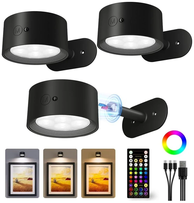Main image of Picture Lights for Wall, 3 Pack Rechargeable Magnetic with Remote (Black) | 2000mAh Battery, 360° Rotating, 3 Color Temps & 80 RGB Colors, Dimming & Timer, Poster Lights for Paintings, Photos & Frames