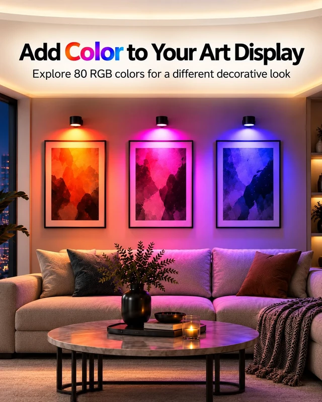 Alt view image 3 of 7 - Picture Lights for Wall, 3 Pack Rechargeable Magnetic with Remote (Black) | 2000mAh Battery, 360° Rotating, 3 Color Temps & 80 RGB Colors, Dimming & Timer, Poster Lights for Paintings, Photos & Frames