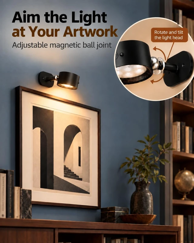 Alt view image 4 of 7 - Picture Lights for Wall, 3 Pack Rechargeable Magnetic with Remote (Black) | 2000mAh Battery, 360° Rotating, 3 Color Temps & 80 RGB Colors, Dimming & Timer, Poster Lights for Paintings, Photos & Frames