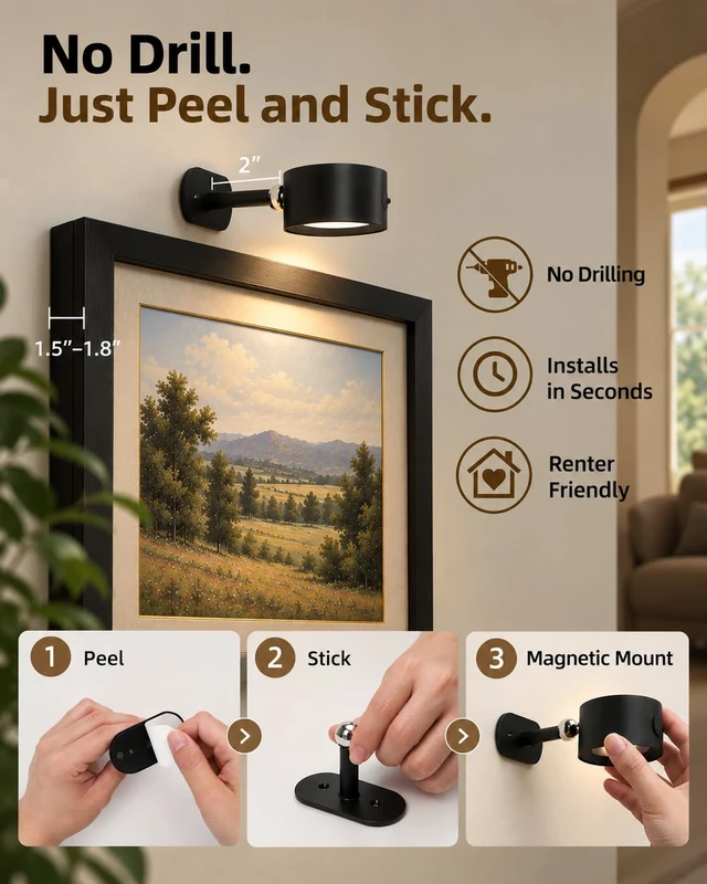 Alt view image 5 of 7 - Picture Lights for Wall, 3 Pack Rechargeable Magnetic with Remote (Black) | 2000mAh Battery, 360° Rotating, 3 Color Temps & 80 RGB Colors, Dimming & Timer, Poster Lights for Paintings, Photos & Frames
