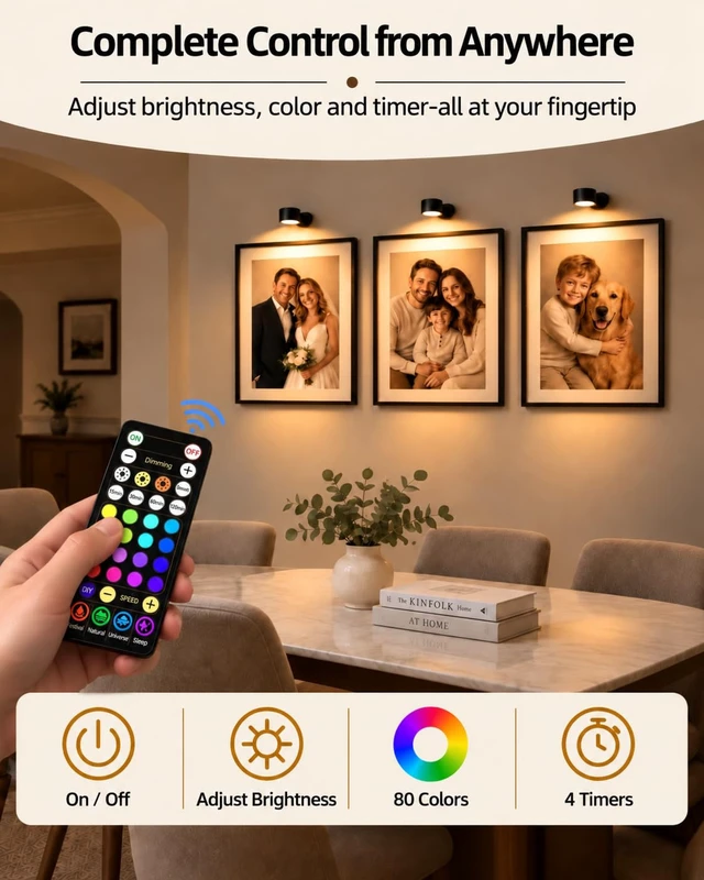 Alt view image 7 of 7 - Picture Lights for Wall, 3 Pack Rechargeable Magnetic with Remote (Black) | 2000mAh Battery, 360° Rotating, 3 Color Temps & 80 RGB Colors, Dimming & Timer, Poster Lights for Paintings, Photos & Frames