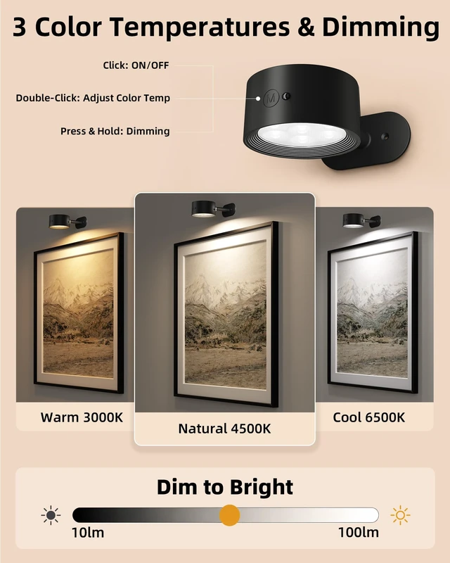 Alt view image 6 of 7 - Picture Lights for Wall, 3 Pack Rechargeable Magnetic with Remote (Black) | 2000mAh Battery, 360° Rotating, 3 Color Temps & 80 RGB Colors, Dimming & Timer, Poster Lights for Paintings, Photos & Frames