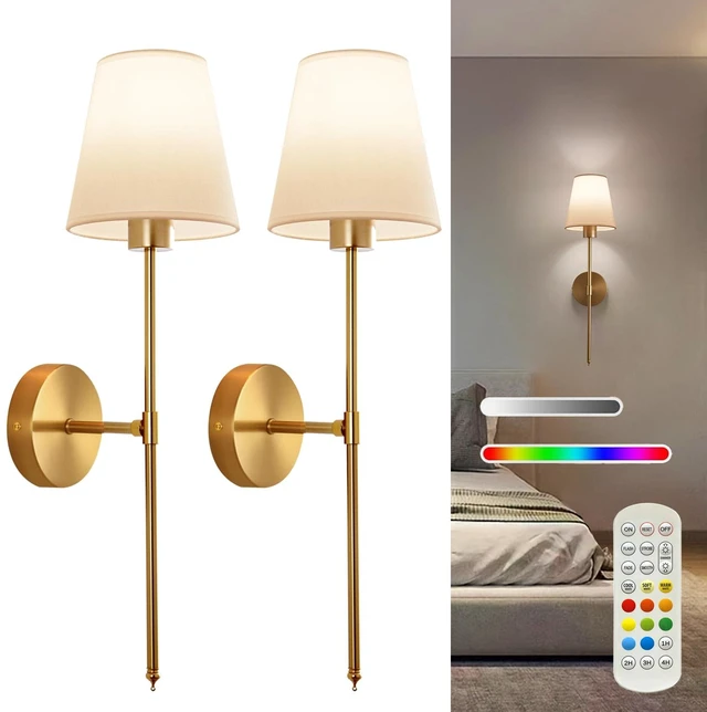 Main image of Set of 2 Battery Operated Wall Sconces, Rechargeable Wireless Wall Lights | Cordless Wall Lamps, 5200mAh, 15Color RGB Dimmable with Remote Control, for Bedroom, Living Room, Hallway Decor (Gold)
