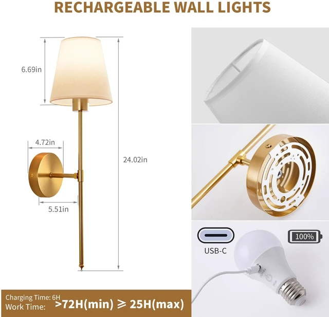 Alt view image 2 of 7 - Set of 2 Battery Operated Wall Sconces, Rechargeable Wireless Wall Lights | Cordless Wall Lamps, 5200mAh, 15Color RGB Dimmable with Remote Control, for Bedroom, Living Room, Hallway Decor (Gold)