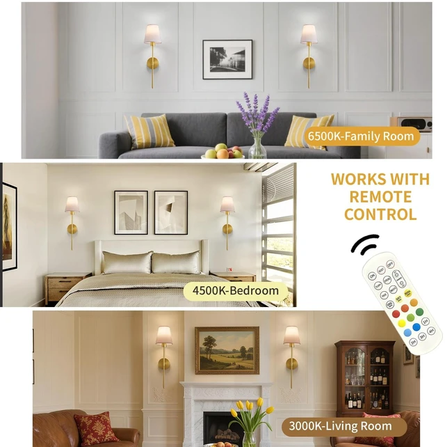 Alt view image 3 of 7 - Set of 2 Battery Operated Wall Sconces, Rechargeable Wireless Wall Lights | Cordless Wall Lamps, 5200mAh, 15Color RGB Dimmable with Remote Control, for Bedroom, Living Room, Hallway Decor (Gold)