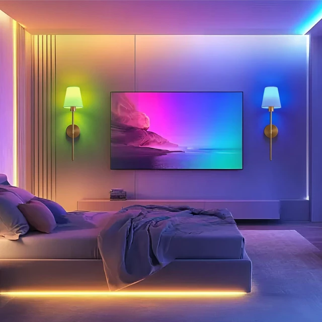 Alt view image 5 of 7 - Set of 2 Battery Operated Wall Sconces, Rechargeable Wireless Wall Lights | Cordless Wall Lamps, 5200mAh, 15Color RGB Dimmable with Remote Control, for Bedroom, Living Room, Hallway Decor (Gold)