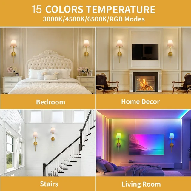 Alt view image 7 of 7 - Set of 2 Battery Operated Wall Sconces, Rechargeable Wireless Wall Lights | Cordless Wall Lamps, 5200mAh, 15Color RGB Dimmable with Remote Control, for Bedroom, Living Room, Hallway Decor (Gold)