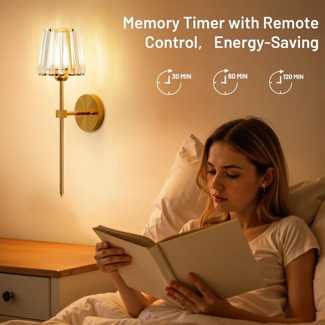Alt view image 5 of 7 - Crystal Battery Operated Wall Sconces Set of 2, Gold Sconces Wall Decor | K9 Crystal Clear, Rechargeable, Wireless, 12 RGB and 3CCT Dimmable Magnetic Bulbs, Remote Control, Memory Timer