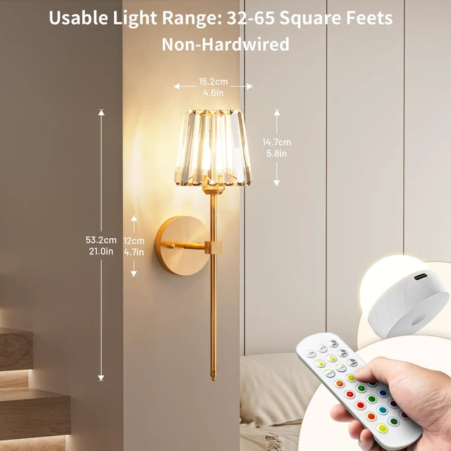 Alt view image 3 of 7 - Crystal Battery Operated Wall Sconces Set of 2, Gold Sconces Wall Decor | K9 Crystal Clear, Rechargeable, Wireless, 12 RGB and 3CCT Dimmable Magnetic Bulbs, Remote Control, Memory Timer