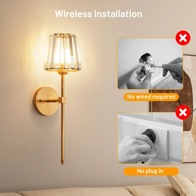 Alt view image 7 of 7 - Crystal Battery Operated Wall Sconces Set of 2, Gold Sconces Wall Decor | K9 Crystal Clear, Rechargeable, Wireless, 12 RGB and 3CCT Dimmable Magnetic Bulbs, Remote Control, Memory Timer