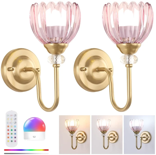Main image of Set of 2 Vintage Battery Operated Wall Sconce, Rechargeable Wall Lamp with 5000mAh Battery & Remote Control, Dimmable Wall Lights with tulip shade for Bedroom Bathroom Living Room, (Tulip Pink Up)