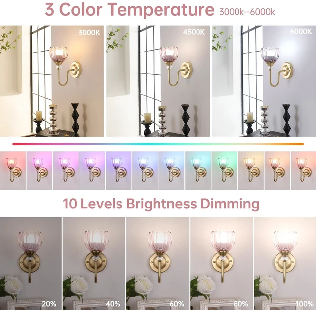 Alt view image 3 of 7 - Set of 2 Vintage Battery Operated Wall Sconce, Rechargeable Wall Lamp with 5000mAh Battery & Remote Control, Dimmable Wall Lights with tulip shade for Bedroom Bathroom Living Room, (Tulip Pink Up)