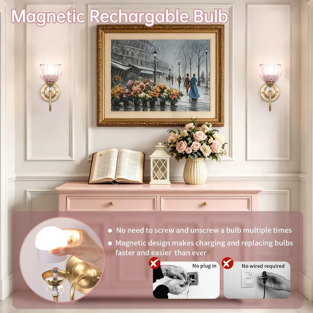 Alt view image 6 of 7 - Set of 2 Vintage Battery Operated Wall Sconce, Rechargeable Wall Lamp with 5000mAh Battery & Remote Control, Dimmable Wall Lights with tulip shade for Bedroom Bathroom Living Room, (Tulip Pink Up)