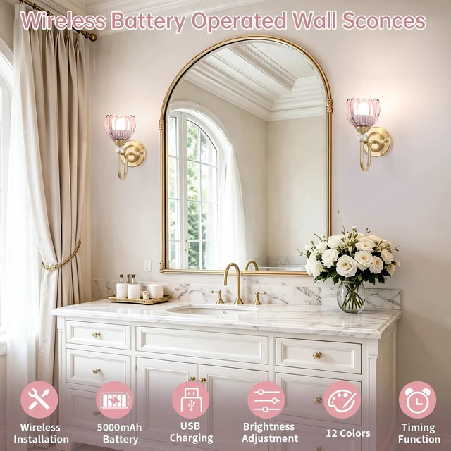 Alt view image 7 of 7 - Set of 2 Vintage Battery Operated Wall Sconce, Rechargeable Wall Lamp with 5000mAh Battery & Remote Control, Dimmable Wall Lights with tulip shade for Bedroom Bathroom Living Room, (Tulip Pink Up)